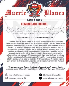 Carta de la agrupación Muerte Blanca de Liga de Quito.